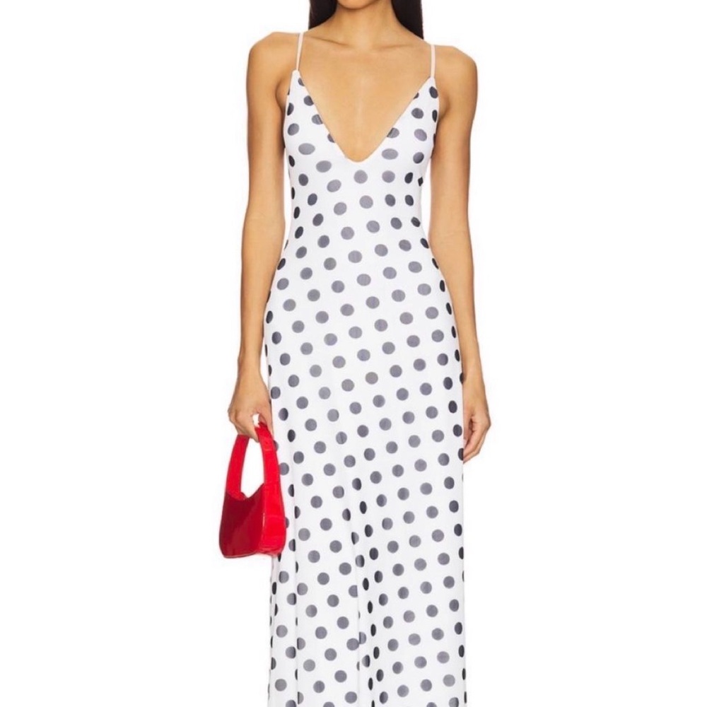 AFRM White Polka Dot Slip Midi Dress with Black Dots